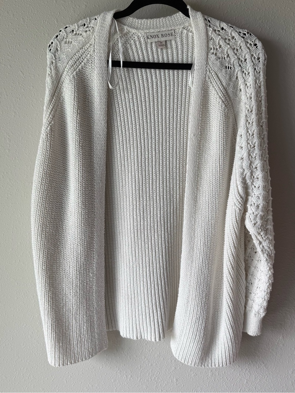 Knox Rose Cream Open-Front Knit Cardigan with Textured Sleeves